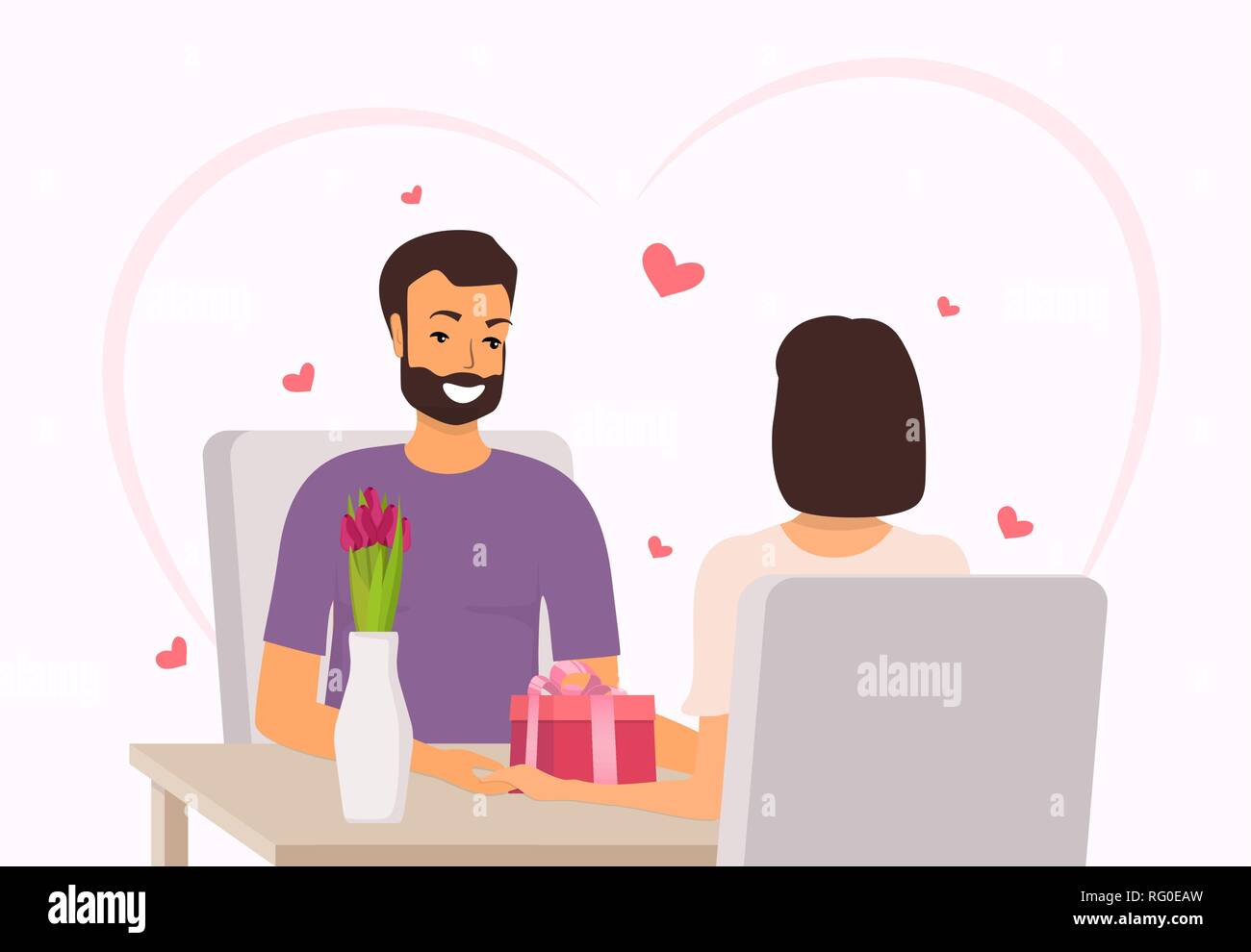 Happy couple sitting at the table in restaurant. Man gives woman a gift and flowers for Valentine s day. Happy couple in love on Valentine s day. Vect Stock Vector