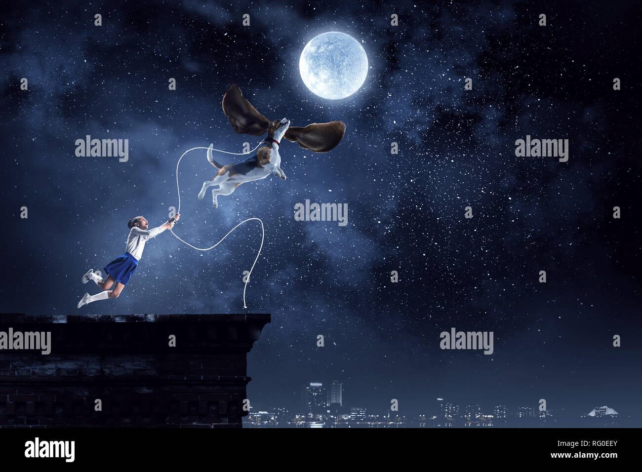 Flying Ropes Girl Kid girl with dog on rope flying in night sky. Mixed media Stock Photo ...