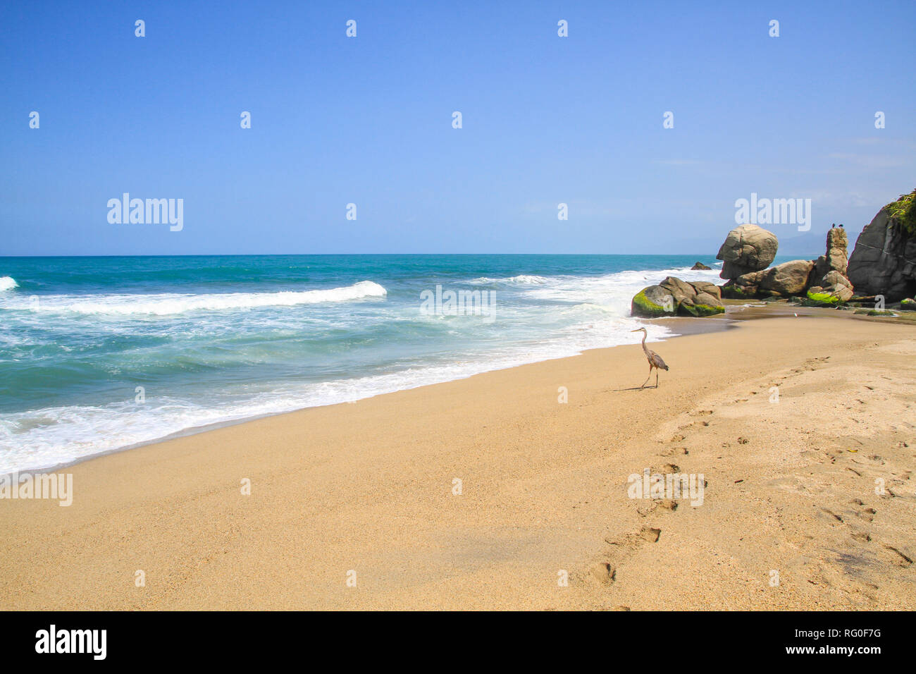 Panorama of a lonely beach at the unique Barlovento beach house at the caribbean coast of Colombia near Barranquilla and the Tayrona National Park Stock Photo