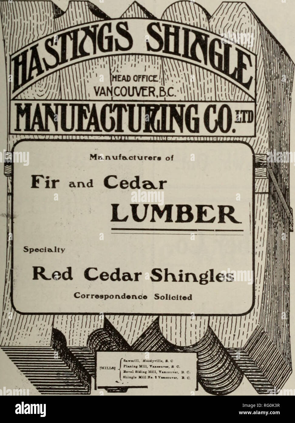 . Canadian forest industries 1909. Lumbering; Forests and forestry; Forest products; Wood-pulp industry; Wood-using industries. CANADA LUMBEEMAN AND WOODWORKER Cablb Address—Gillisco. Codes Used ( American Lumberman Telecode. I  estern Union. C. H. GILLIS &amp; CO LIMITED ™ Vancouver, B. C. Wholesale Lumber and Shingles Railway Construction Material a Specialty Guaranteed Daily Shipping Capacity 800,000 SHINGLES a»d 125,000 feet LUMBER. The Pacific Woods Co. Limited Head Office : 205-206 Loo Blclg., T J% f C or. Hastings and Abbot Sts., V anCOUVCI*, D.L. Correspondence Solicited Shingles Lu Stock Photo