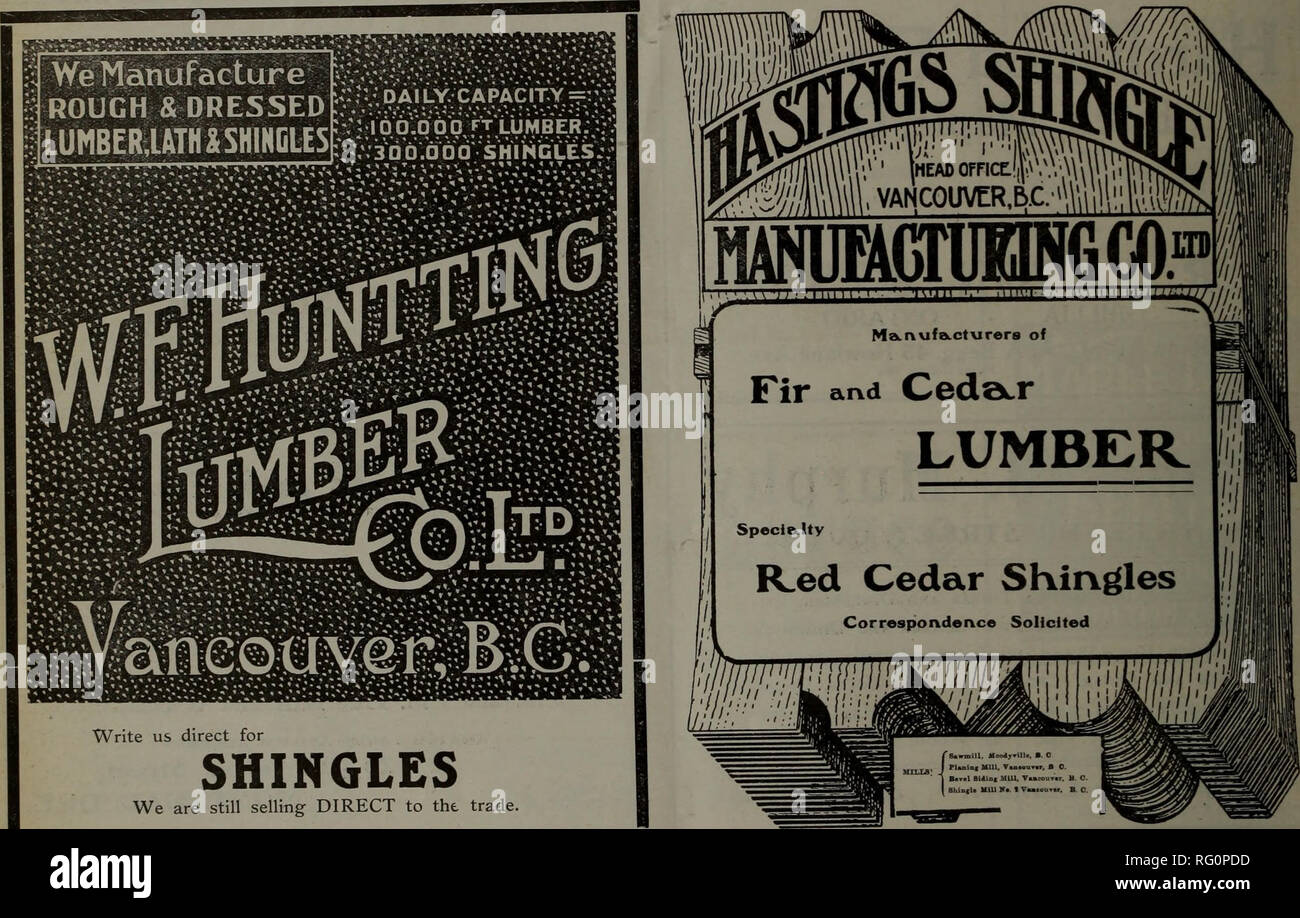 . Canadian forest industries 1908. Lumbering; Forests and forestry; Forest products; Wood-pulp industry; Wood-using industries. 8 CANADA LUMBERMAN AND WOODWORKER Authorized Capital $250,000 (^50,000) and Imperial Timber Trading Co., Ltd P.O. Box 930, Vancouver, B. C. Canada Export Lumber Standing Timber BRITISH COLUMBIA DOUGLAS FIR (Columbian Pine), RED CEDAR and SPRUCE, ALASK A PINE, CYPRESS and CALIFORNIA REDWOOD (Sequoia). Can be shipped in Small Parcels. Straight or Mixed Cargoes JAS. PLAYFAIR D. L. WHITE PLAYFAIR &amp; WHITE Manufacturers and Wholesale Dealers Lumber â Lath â Shingles MID Stock Photo