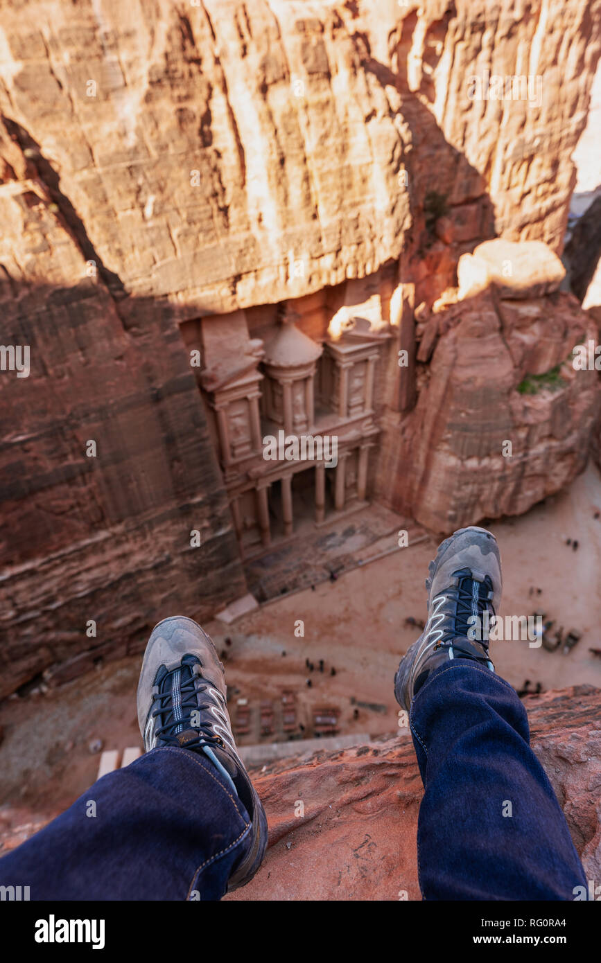 a man travelling at Petra, Jordan. Tourist attraction and travel destination in Jordan, Middle east Stock Photo