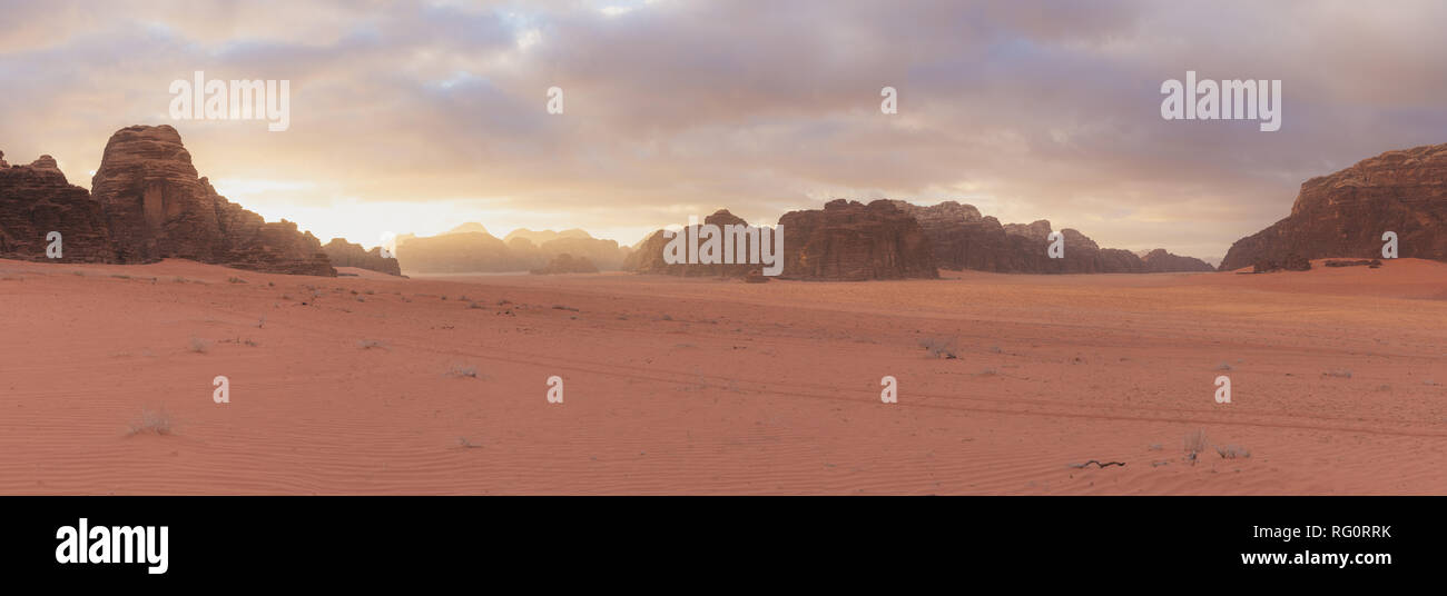 Panoramic desert landscape, Wadi Rum desert in Jordan at sunrise Stock Photo