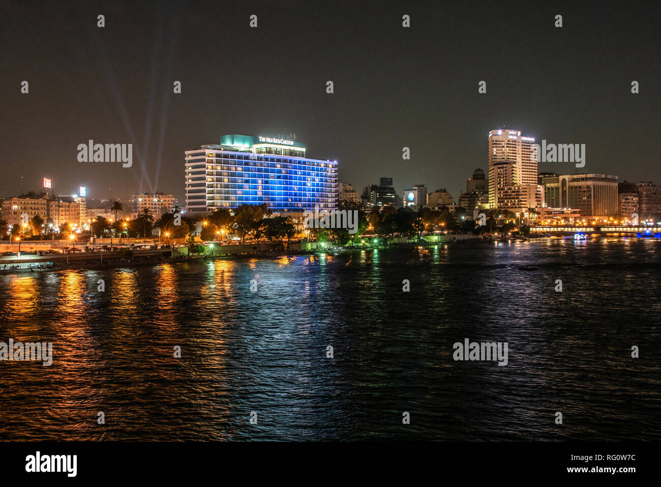 Cairo, Egypt - 25.05.2018 Cairo skyline showing the Nile Ritz Carlton Hotel illuminated at Night Stock Photo