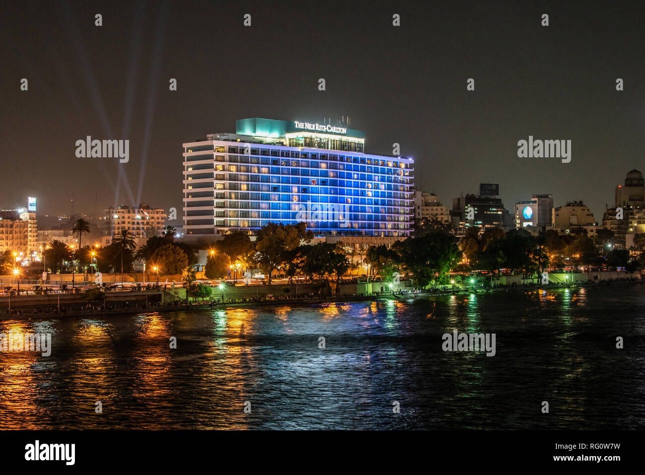 Cairo, Egypt - 25.05.2018 Cairo skyline showing the Nile Ritz Carlton Hotel illuminated at Night Stock Photo
