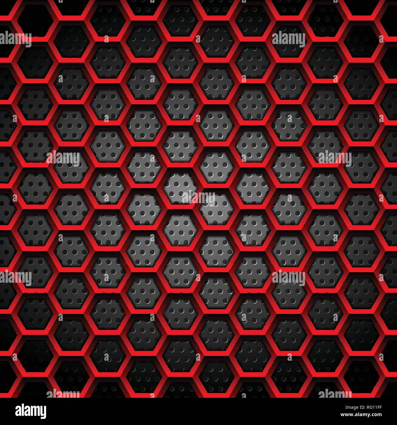Red hexagons texture on dark perforated background. Vector tech design Stock Vector