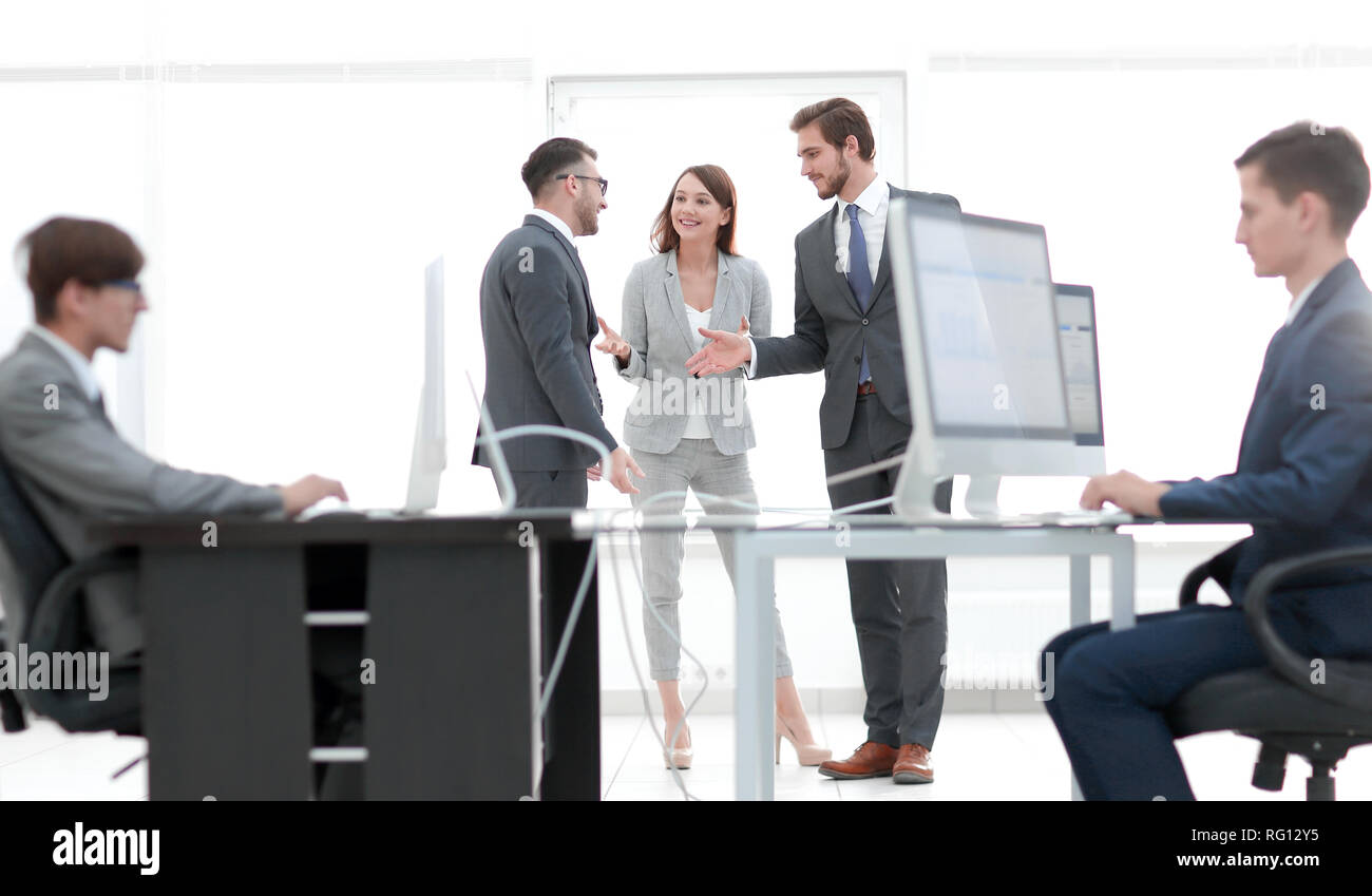 Young business crew working with startup modern office. Stock Photo