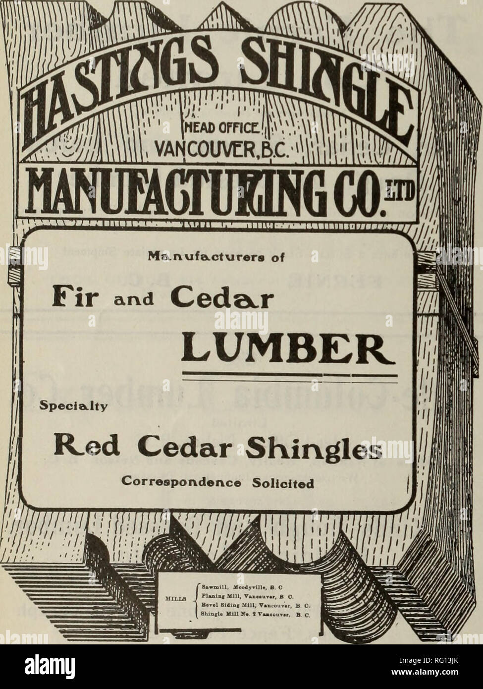 . Canadian forest industries 1909. Lumbering; Forests and forestry; Forest products; Wood-pulp industry; Wood-using industries. CANADA LUMBERMAN AND WOODWORKER Authorized Capital $250,000 (.£50,000) Imperial Timber and Trading Co., Ltd. P.O. Box 930, Vancouver, B. C. Export Lumber Standing Timber BRITISH COLUMBIA DOUGLAS FIR (Columbian Pine), RED CEDAR and SPRUCE, ALASKA PINE, CYPRESS and CALIFORNIA REDWOOD (Sequoia). Can be shipped in Small Parcels. Straight or Mixed Cargoes. Gait Machine Knife Works. Please note that these images are extracted from scanned page images that may have been digi Stock Photo