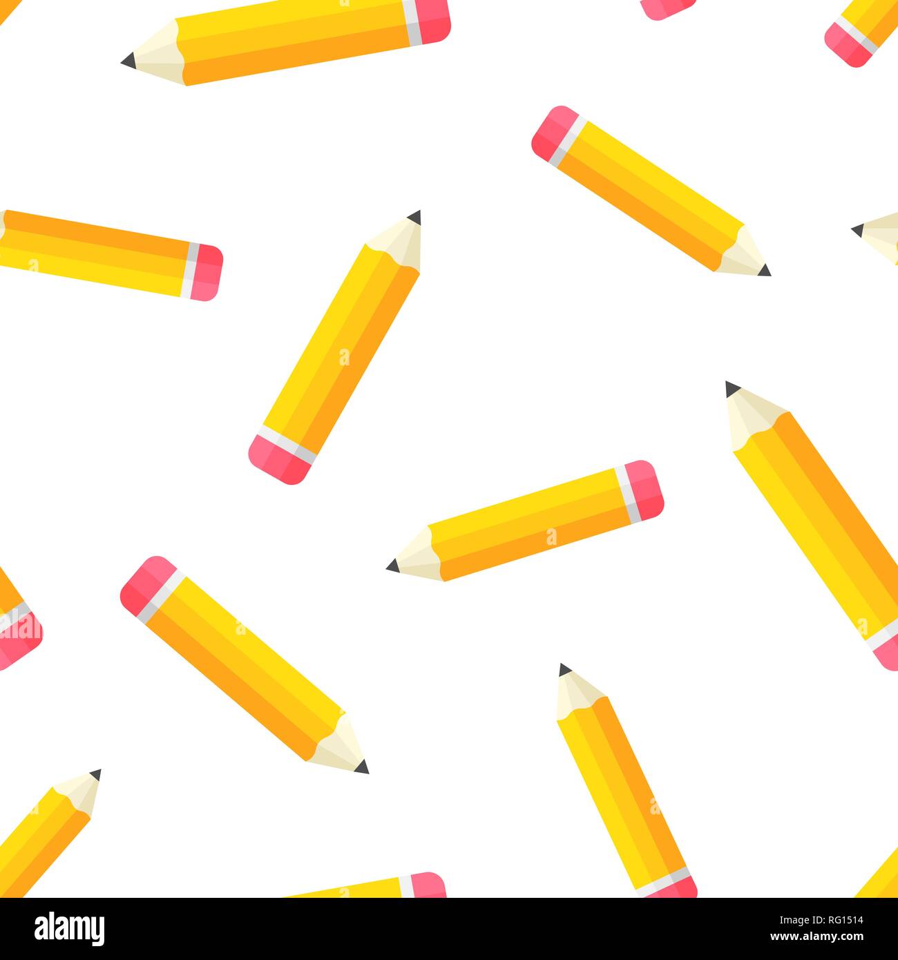 Realistic yellow wooden pencil with rubber eraser icon seamless pattern
