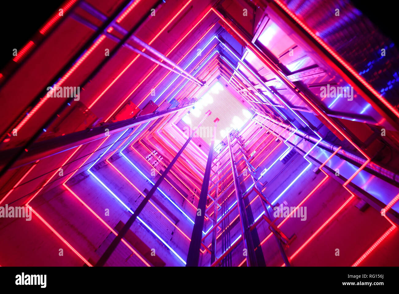 Colorful illumination in a glass elevator Stock Photo Alamy