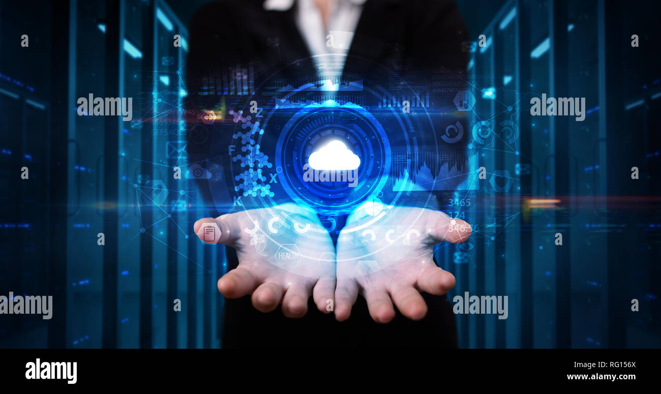 Man holding hologram projection displaying biometric security concept Stock Photo