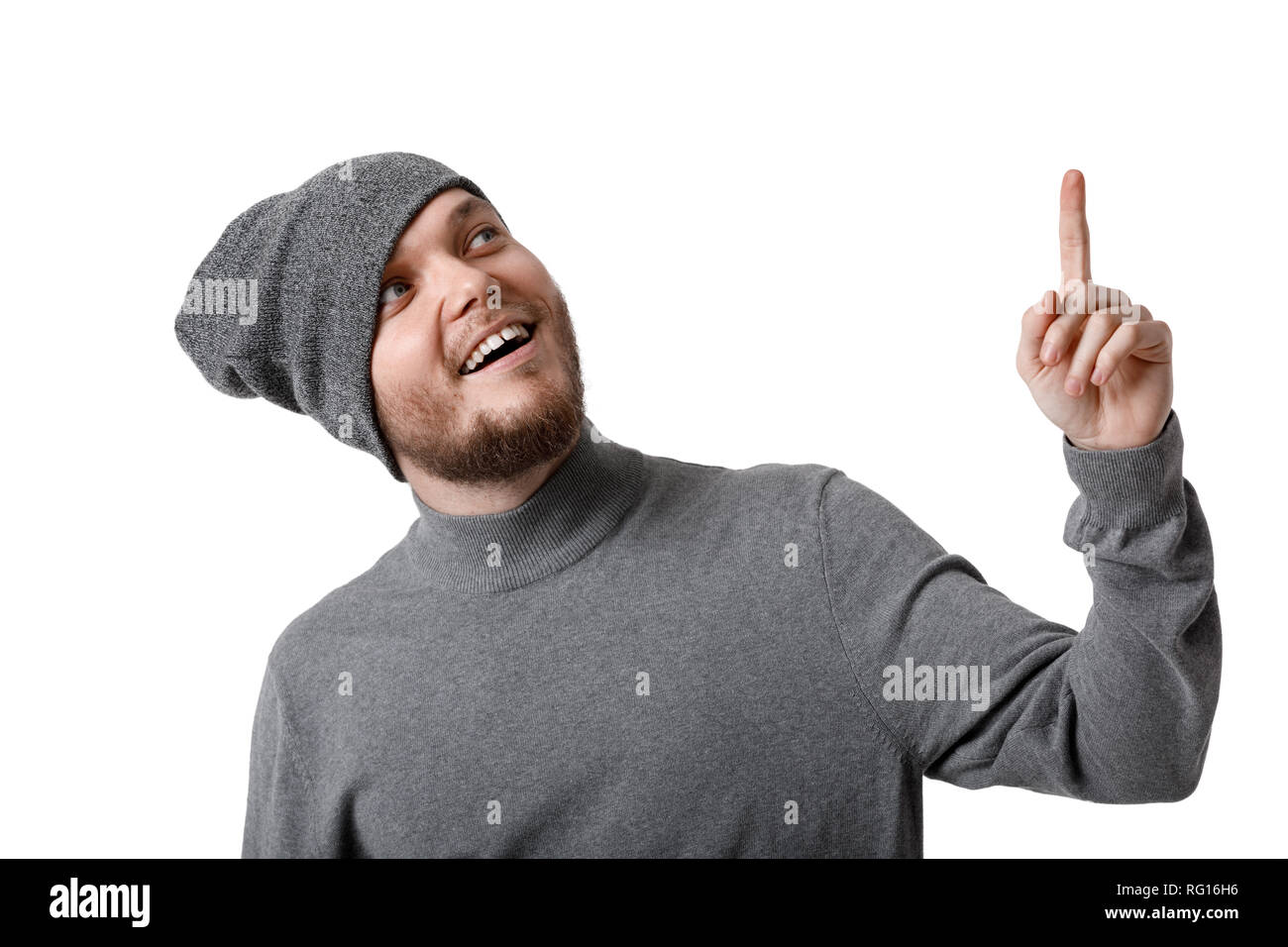 bearded man in gray hat having a good idea Stock Photo