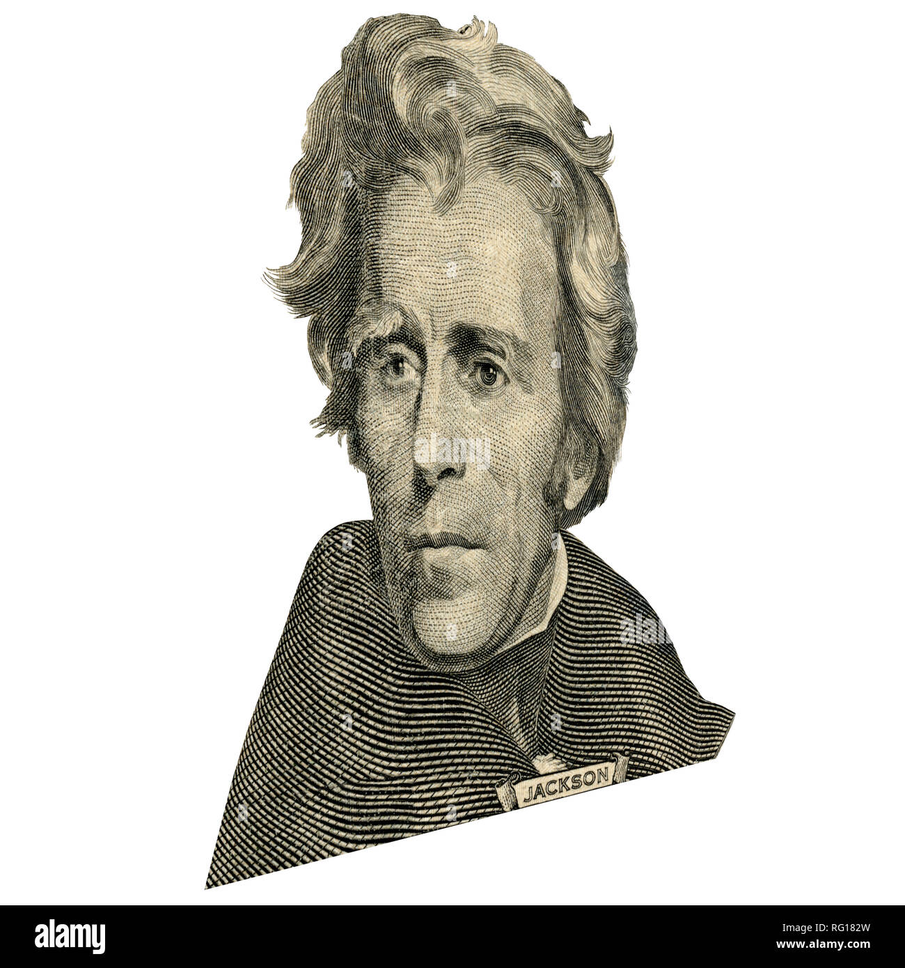 Portrait of former U.S. president Andrew Jackson as he looks on twenty dollar bill obverse.  Photo at an angle of 15 degrees. Stock Photo
