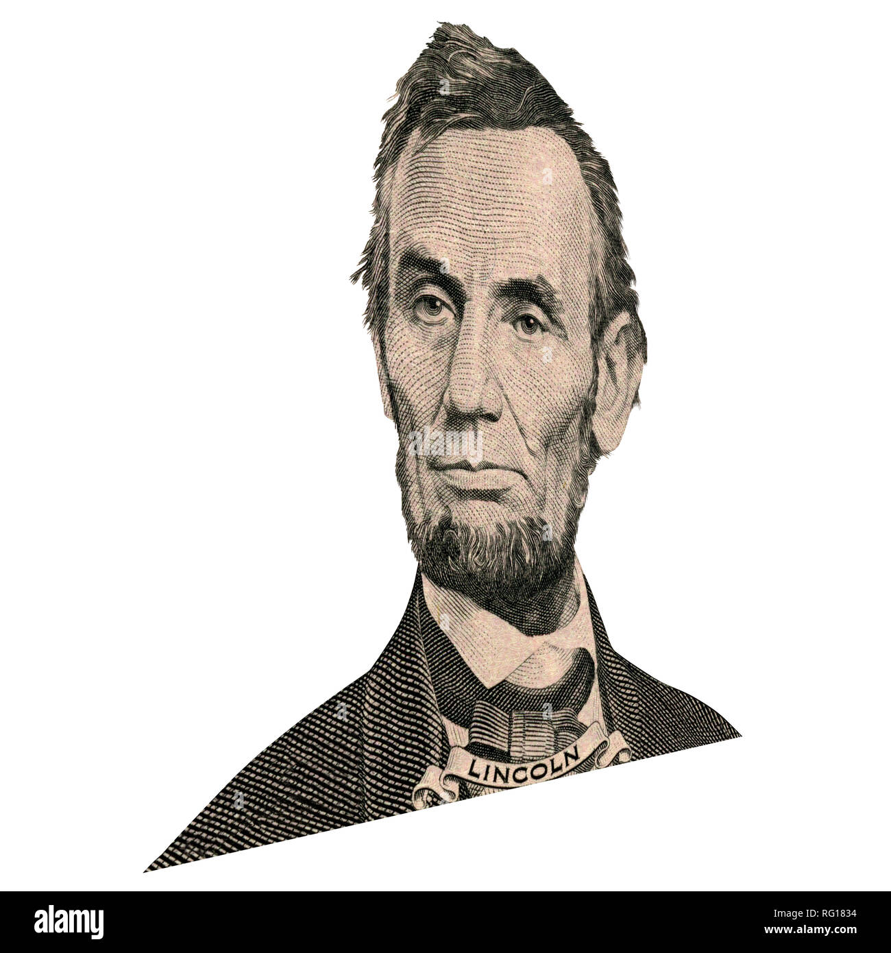 Portrait of former U.S. president Abraham Lincoln as he looks on five dollar bill obverse. Photo at an angle of 15 degrees. Stock Photo
