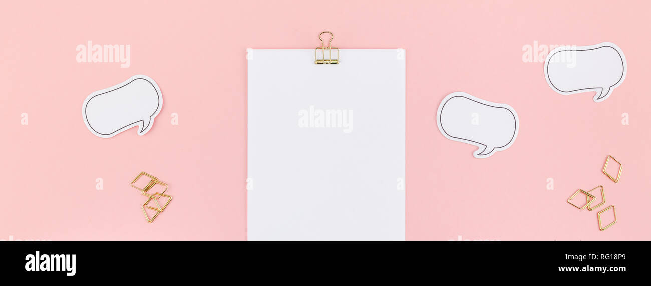 Creative flat lay top view mock up blank paper sheet postcard clip ...