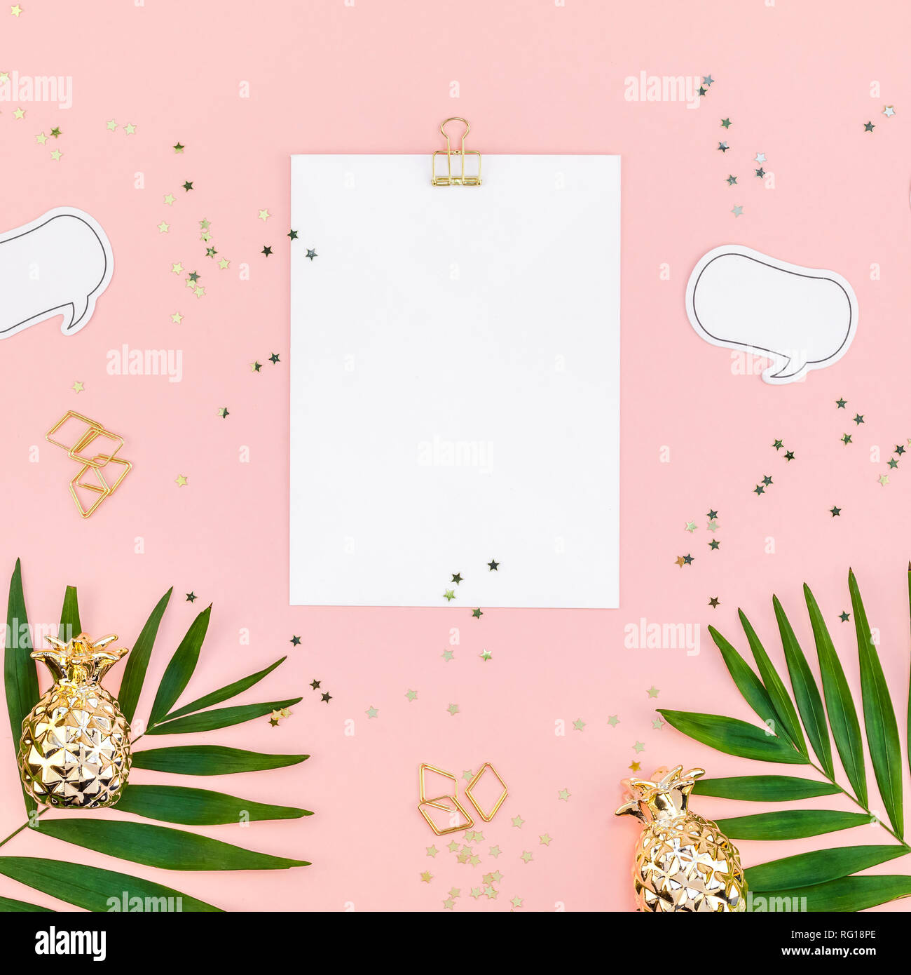 Creative flat lay top view mock up blank paper sheet postcard clip ...