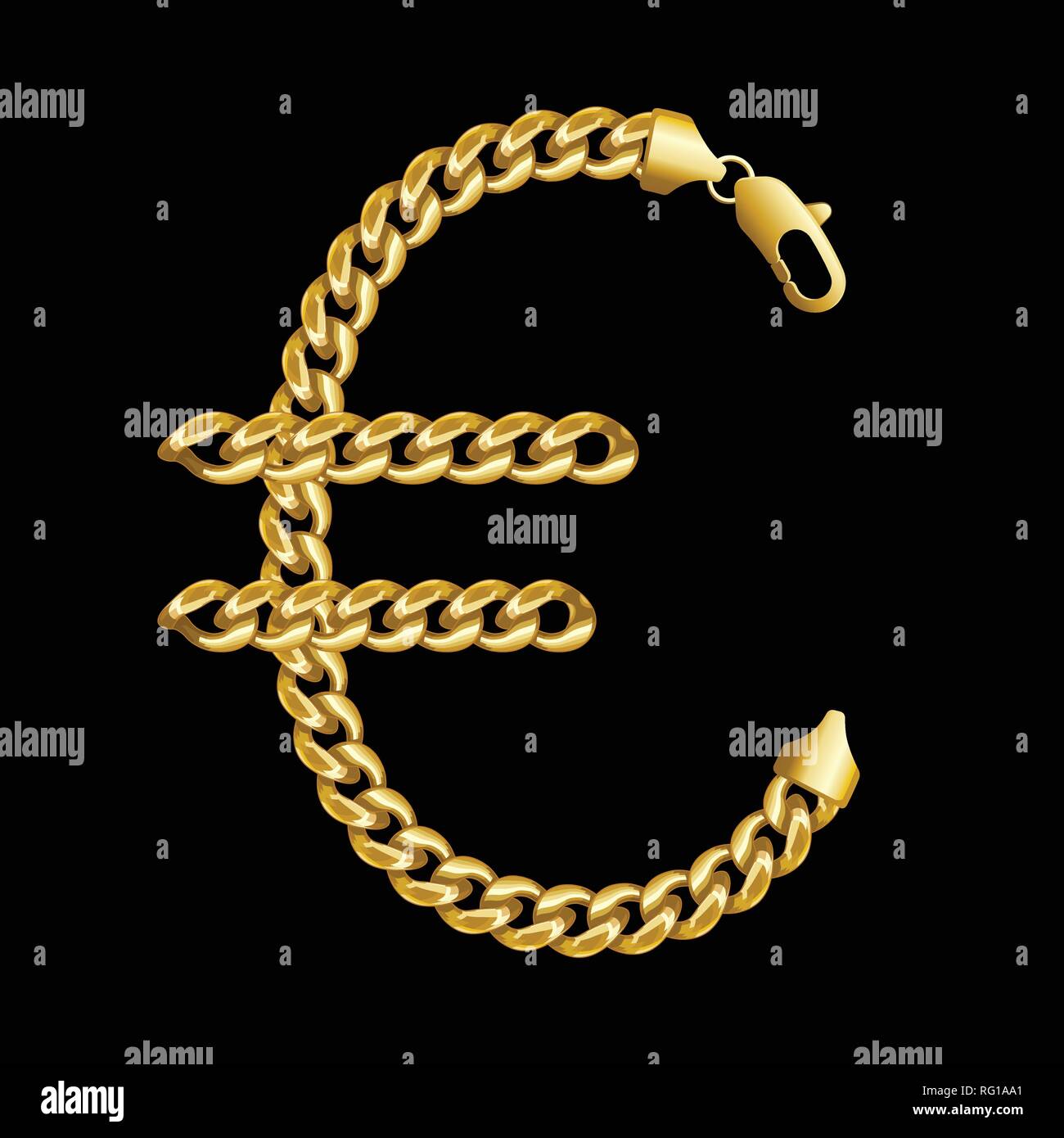 Gold euro money sign made of shiny thick golden chains with a lobster lock. Stock Vector
