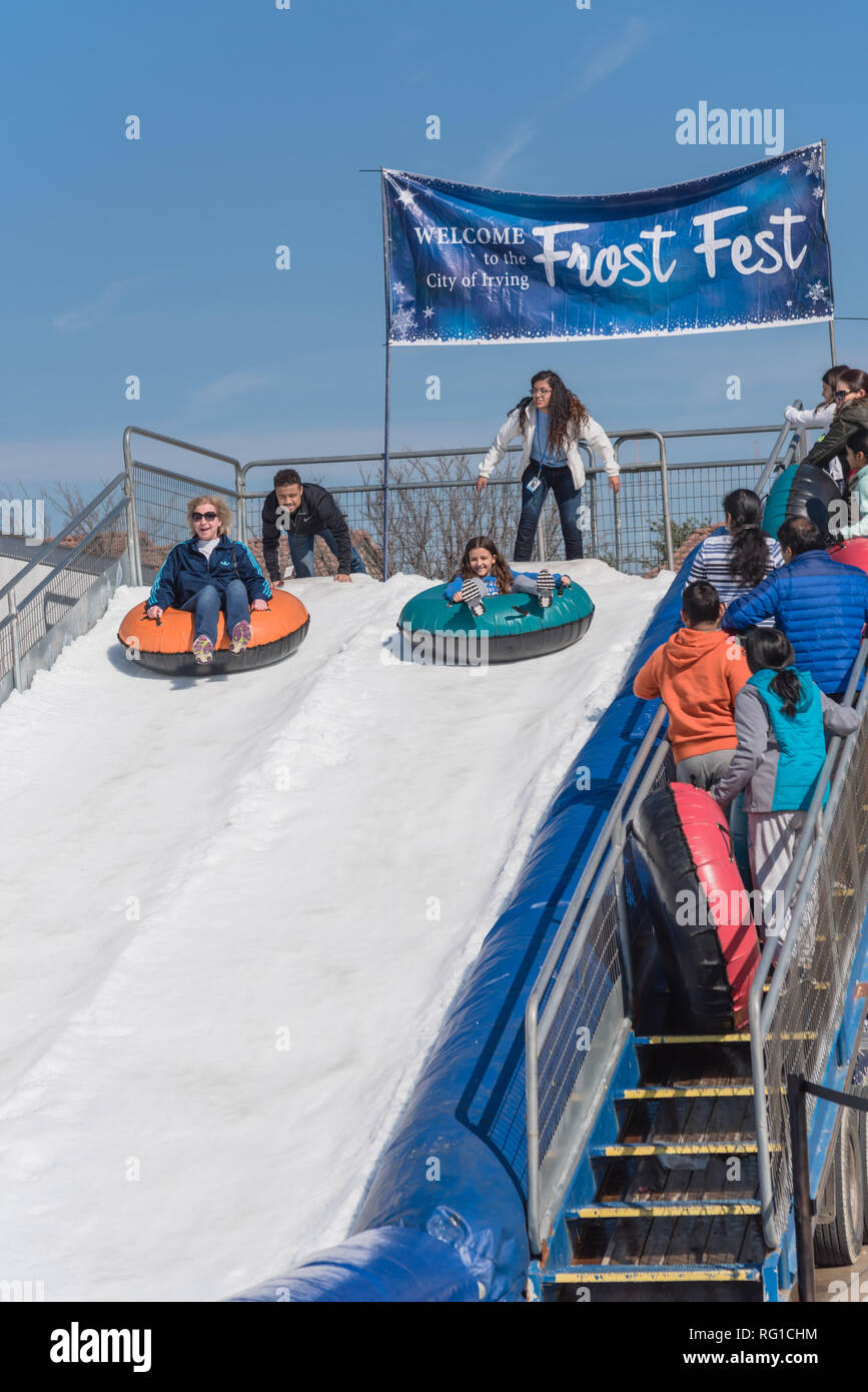 Snow tubing hill riding at Frost Fest event in Irving, Texas Stock