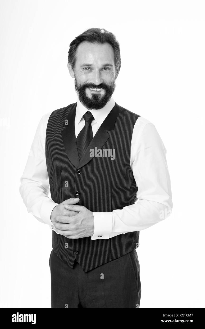 Business manager. Happy man smile in formal wear. Senior executive manager or ceo. Successful business man and leader. I shall be happy to help you. Always there for you. Stock Photo