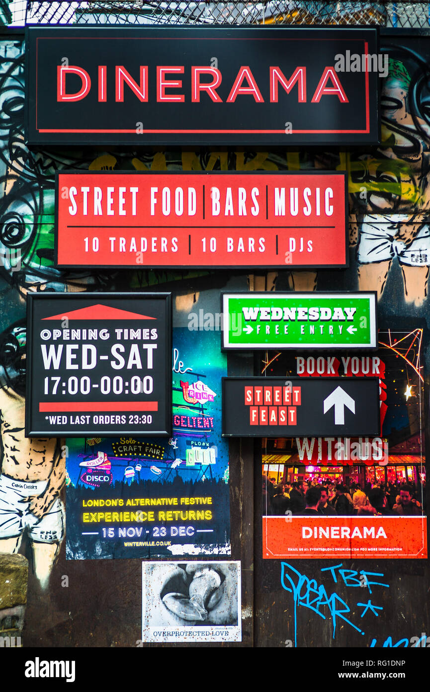 Dinerama Street Food Market - signs outside the Dinerama Street Food arena in Shoreditch East London Stock Photo