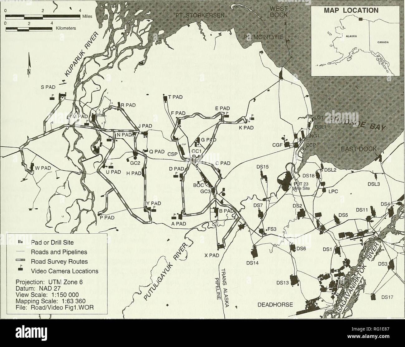 . The Canadian field-naturalist. 1998 Noel, Pollard, Ballard, and Cronin:Use of Gravel Pads and Tundra by Caribou 401 LOCATION. â â Pad or Drill Site â Roads and Pipelines Road Survey Routes Video Camera Locations Projection: UTM Zone 6 Datum; NAD 27 View Scale: 1:150 000 Mapping Scale: 1:63 360 File: Road/Video Figl.WOR Figure I. Location of road survey routes and time-lapse video cameras used to monitor Caribou activity in the Prudhoe Bay oil field, Alaska, summer 1993. Caribou groups were counted more than once per day, total daily counts do not represent an accurate count of the number of  Stock Photo