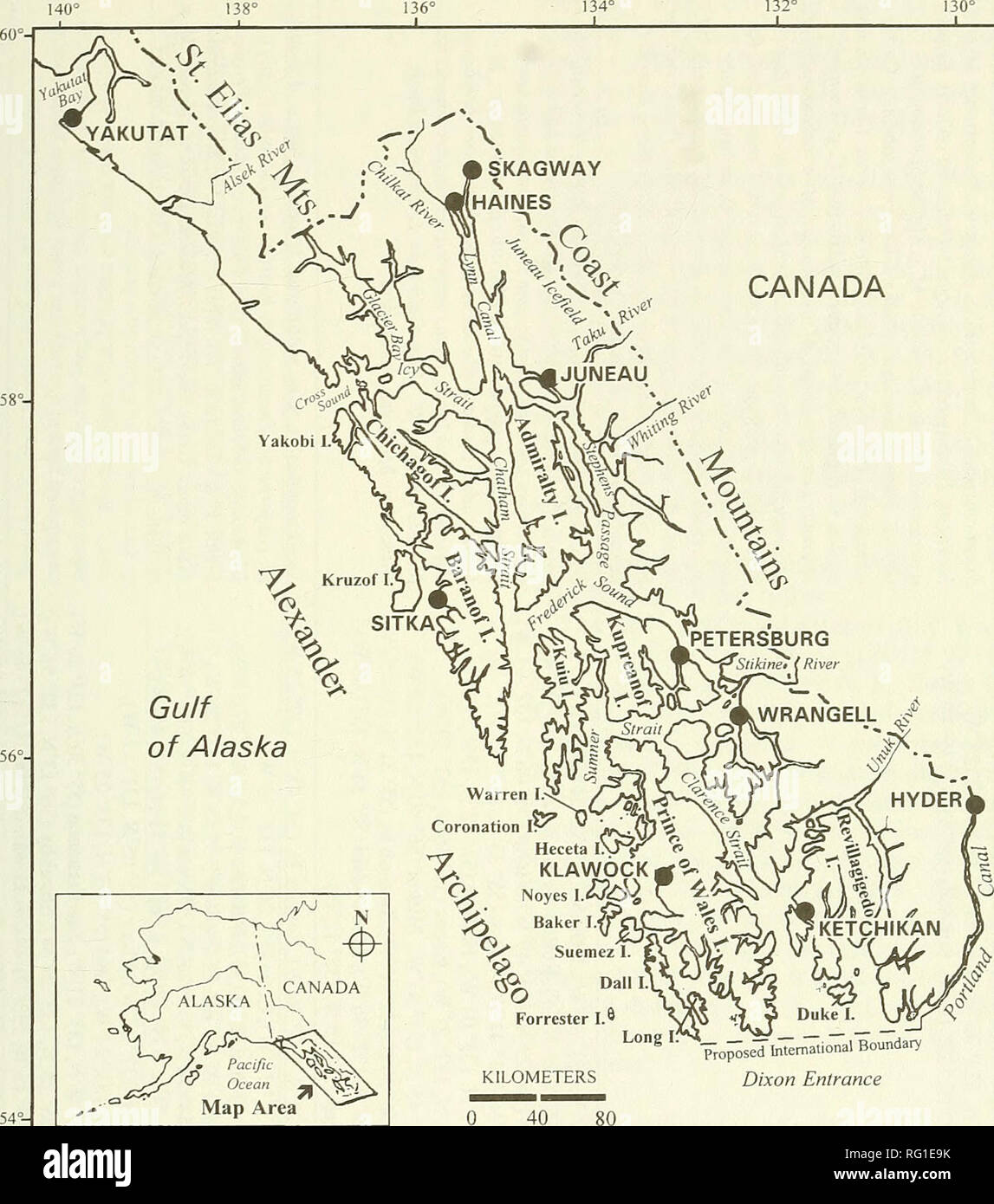 . The Canadian field-naturalist. 1996 MacDonald and Cook: Land Mammal Fauna of Southeast Alaska 573 CANADA. Map Area Dixon Entrance 138° Figure L Map of Southeast Alaska and the Alexander Archipelago. Latitudinal and longitudinal coordinates for all islands identified in the species accounts are reported in Table 1. Specimens of this species have been collected along the mainland from Yakutat to Portland Canal (Swarth 1911; Jackson 1928; Hennings and Hoffmann 1977; UAM), and from the following islands: Admiralty, Anguilla, Back, Baker, Barrier, Bell, Betton, Black, Cap, Cat, Coronation, Dall,  Stock Photo