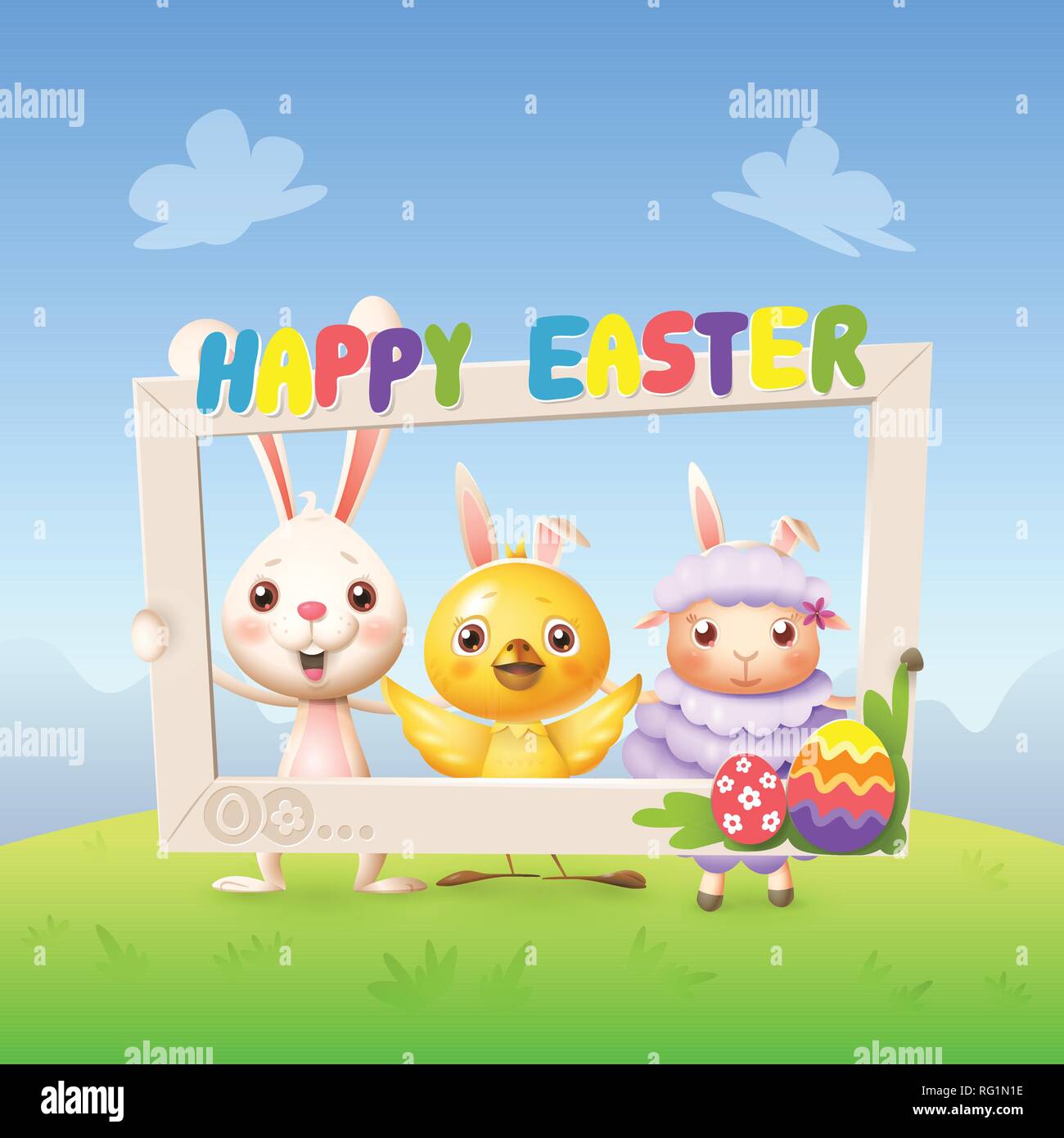 Happy cute bunny chicken and lamb celebrate Easter with social network photo frame - spring landscape background Stock Vector