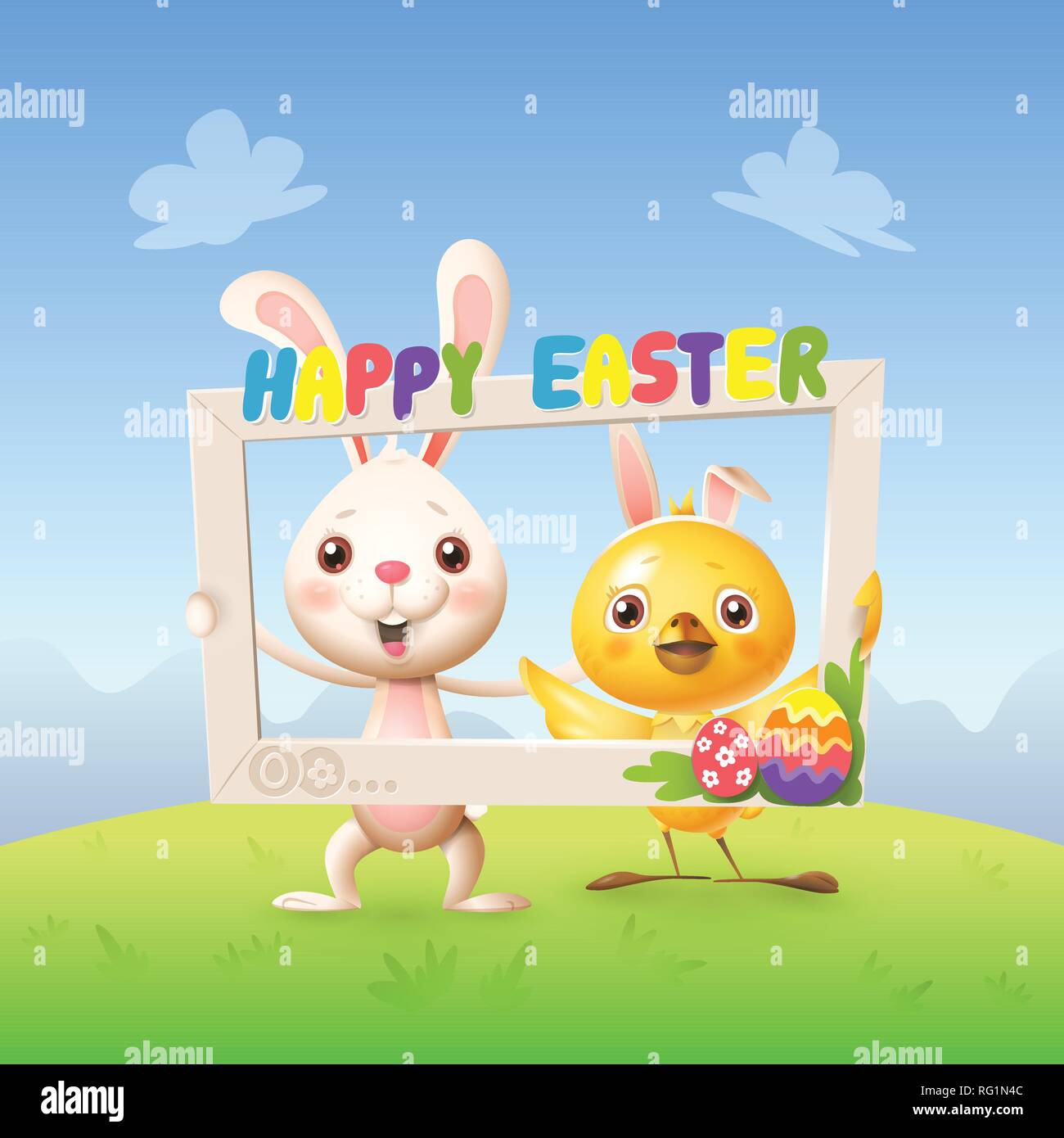 https://c8.alamy.com/comp/RG1N4C/easter-animals-happy-cute-bunny-and-chicken-celebrate-easter-with-social-network-photo-frame-spring-landscape-background-RG1N4C.jpg