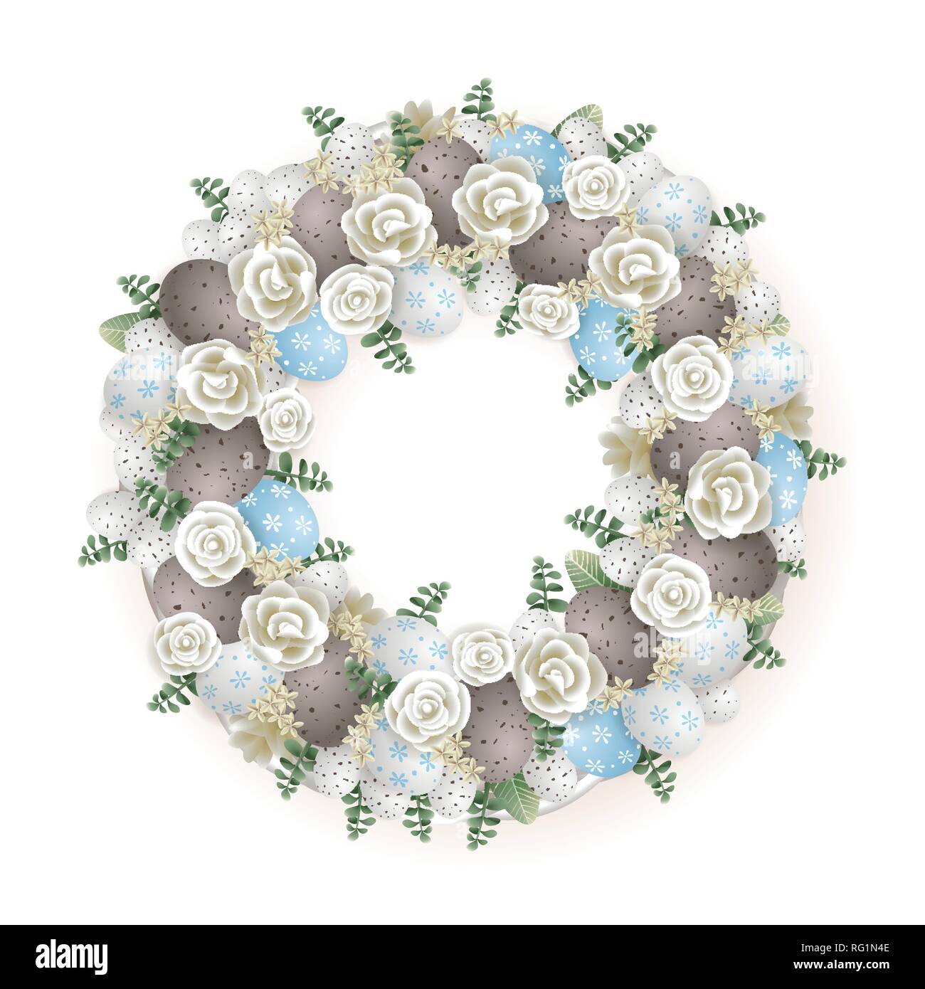 Easter wreath - elegant decorated with quail eggs flowers and leafs - blue gray white and green color Stock Vector