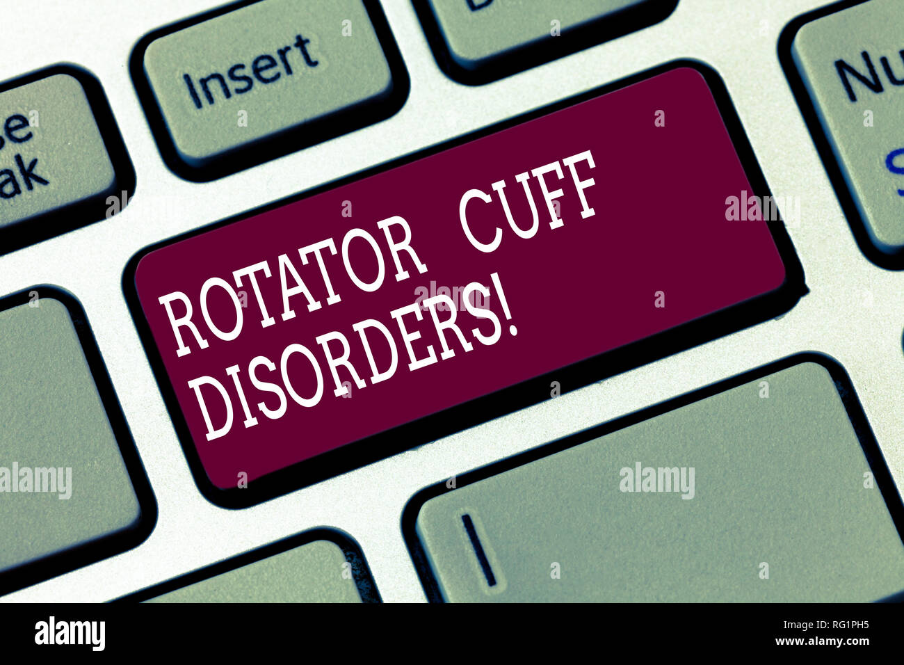 Word writing text Rotator Cuff Disorders. Business concept for tissues in the shoulder get irritated or damaged Keyboard key Intention to create compu Stock Photo