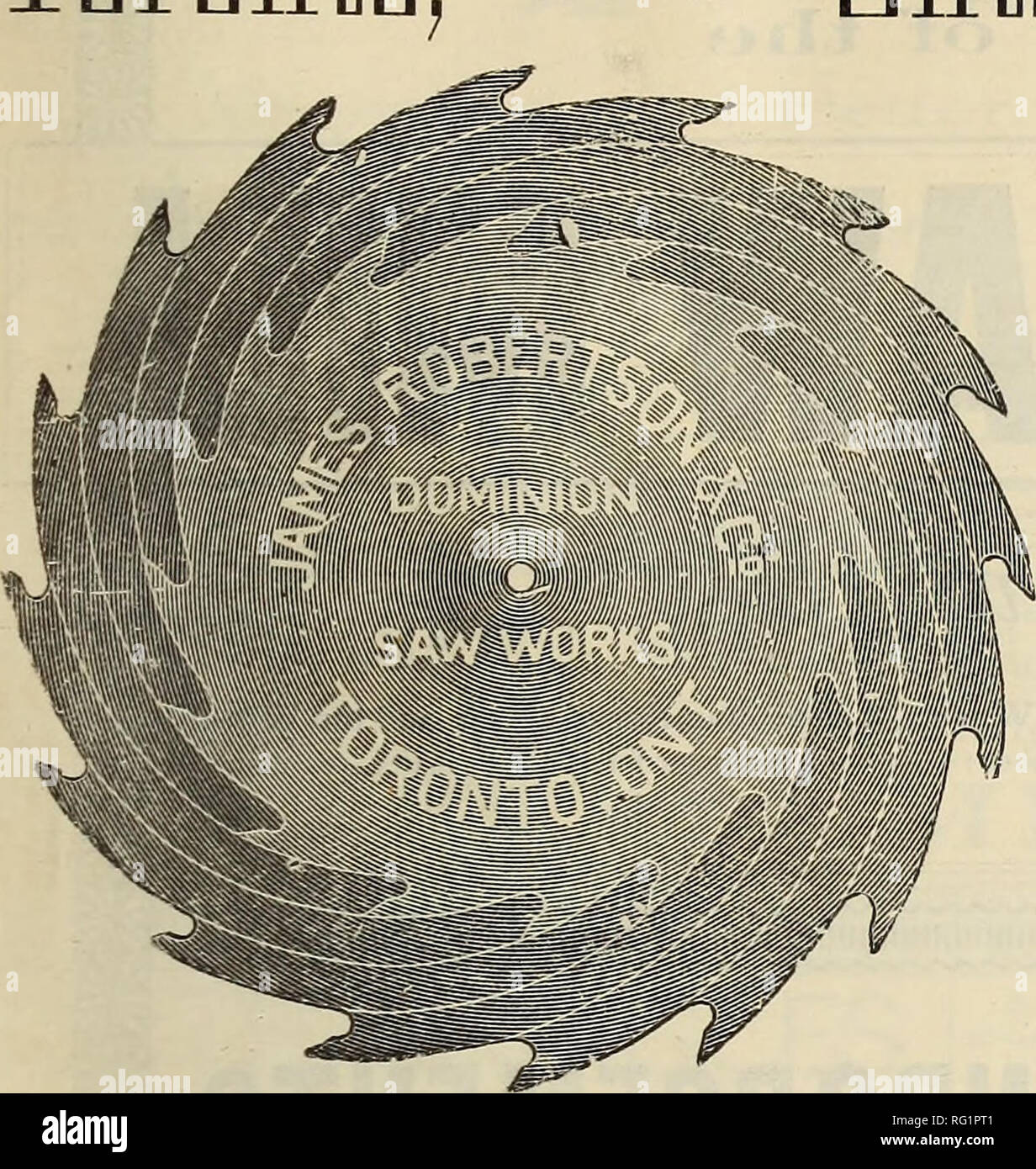 . Canadian forest industries 1886-1888. Lumbering; Forests and forestry; Forest products; Wood-pulp industry; Wood-using industries. March, iSSS. THE CANADA LUMBERMAN. DOMINION SAW WORKS ! JAS,ROBERTSON &amp; CO, JAMES ROBERTSON 253 to 267 King Street West, Dalhousie and William Streets, Toronto. Ontario. Montreal Qne.. Please note that these images are extracted from scanned page images that may have been digitally enhanced for readability - coloration and appearance of these illustrations may not perfectly resemble the original work.. Don Mills, Ont. : Southam Business Publications Stock Photo