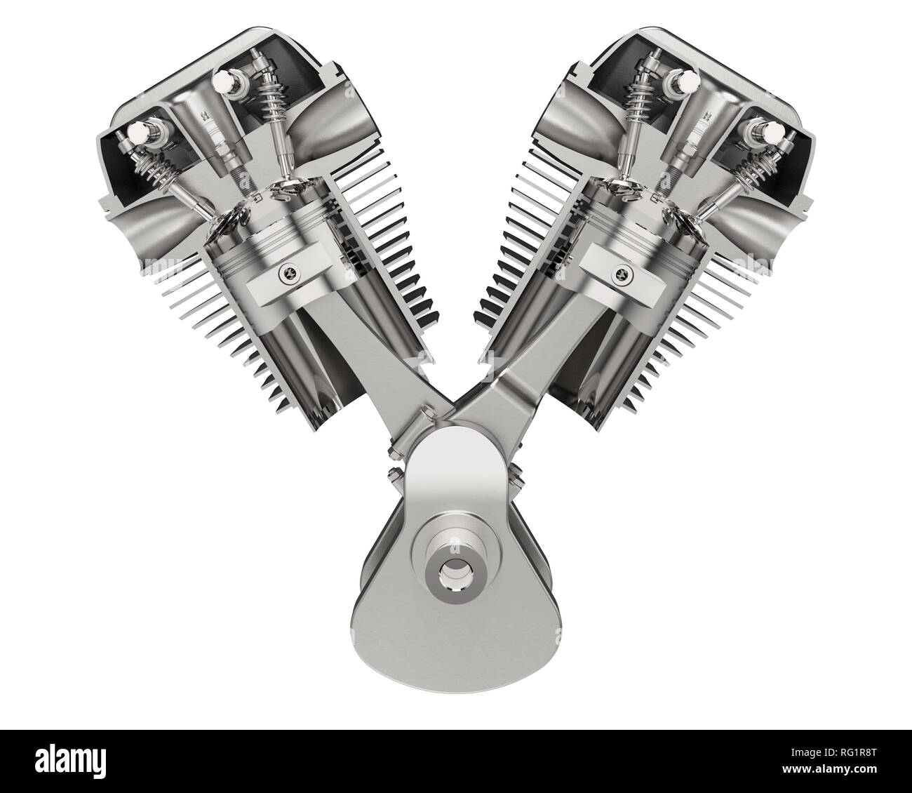 Engine with pistons, cylinder and spark plug, isolated on white