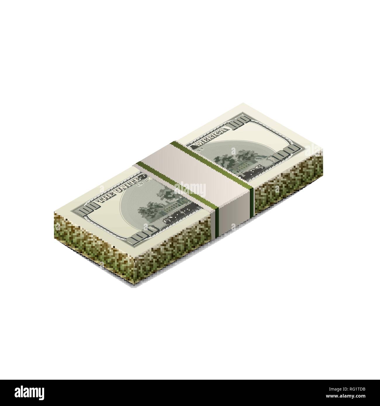 Stack of dummy one hundred US dollars banknote from back side in isometric view isolated on white Stock Vector