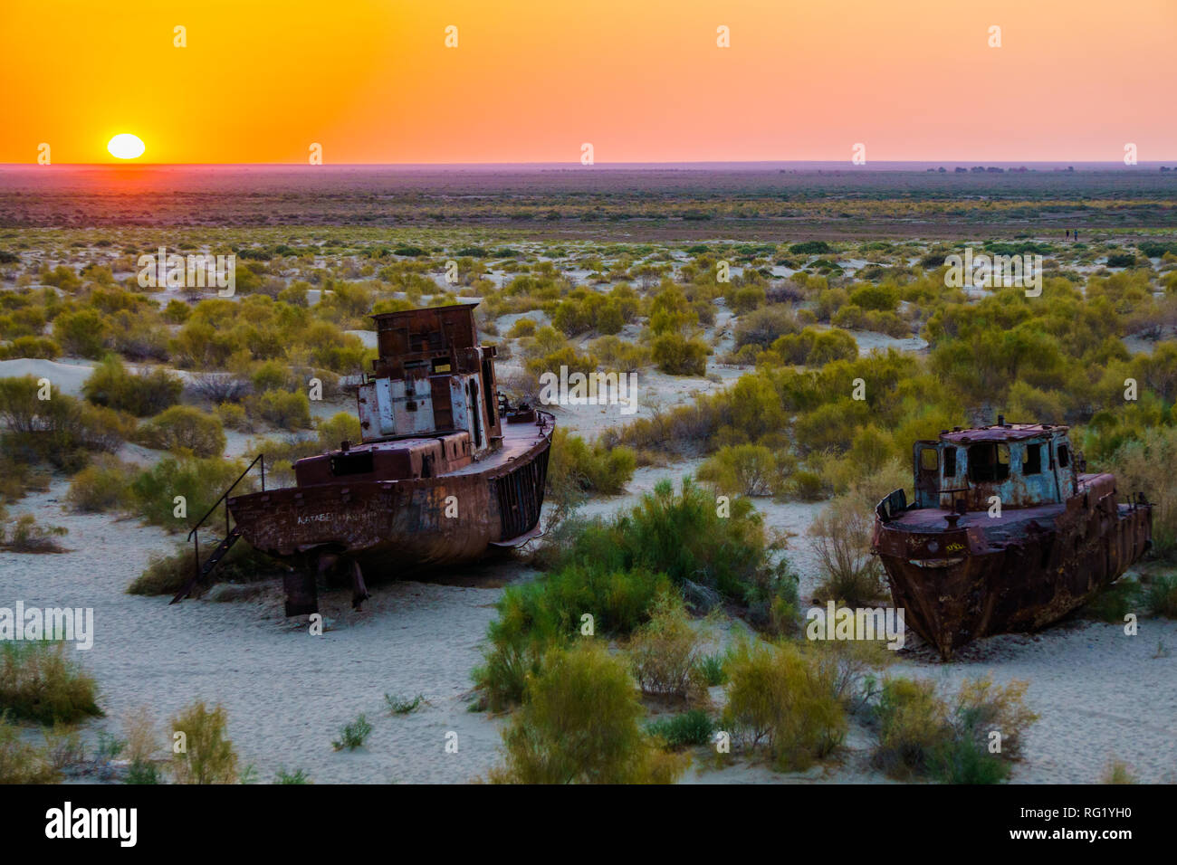 Ship Graveyard in the desert at former Aral Sea in Ubekistan Stock Photo