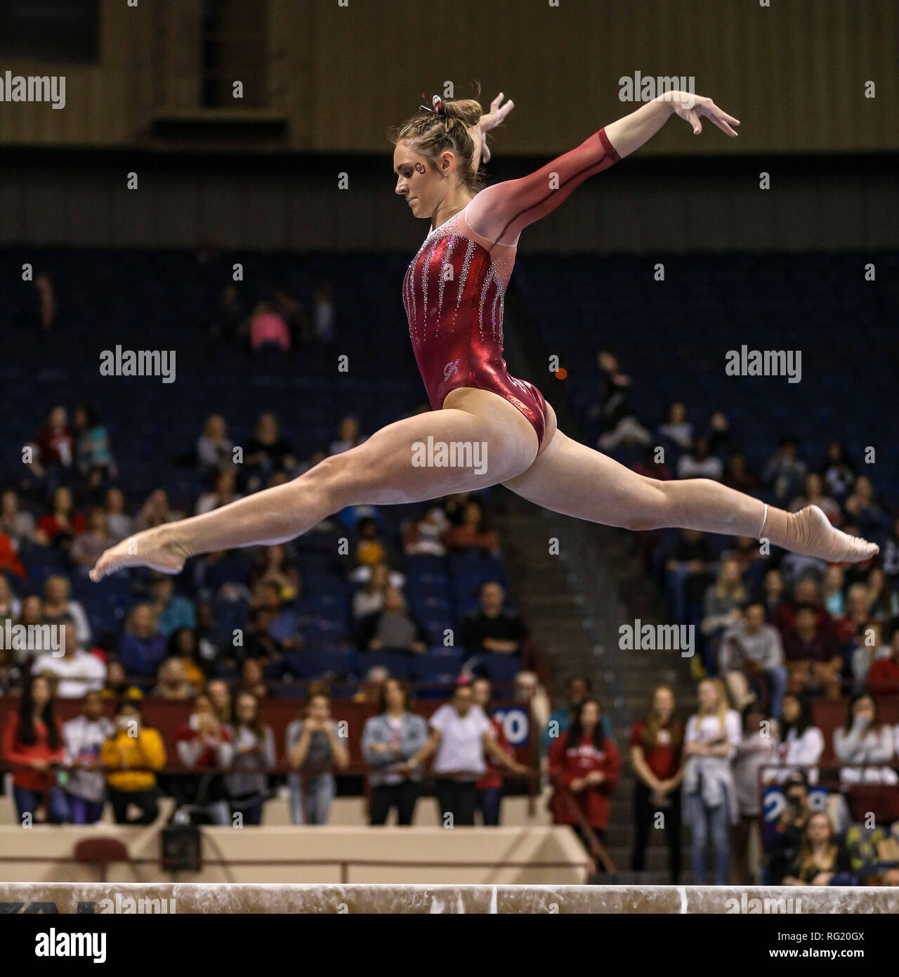 Fort Worth, Texas, USA. 26th Jan, 2019. Oklahoma's Carly Woodard performs on the balance beam during the Metroplex Challenge NCAA gymnastics meet at the Fort Worth Convention Center in Fort Worth, Texas. Kyle Okita/CSM/Alamy Live News Stock Photo