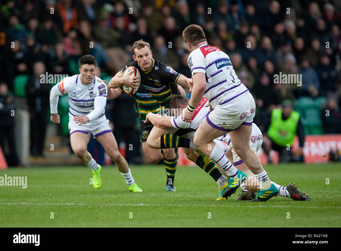 Northampton, UK. 26th January 2019. Rory Hutchinson of Northampton Saints runs with the ball during the Premiership Rugby Cup match between Northampton Saints and Leicester Tigers. Andrew Taylor/Alamy Live News Stock Photo