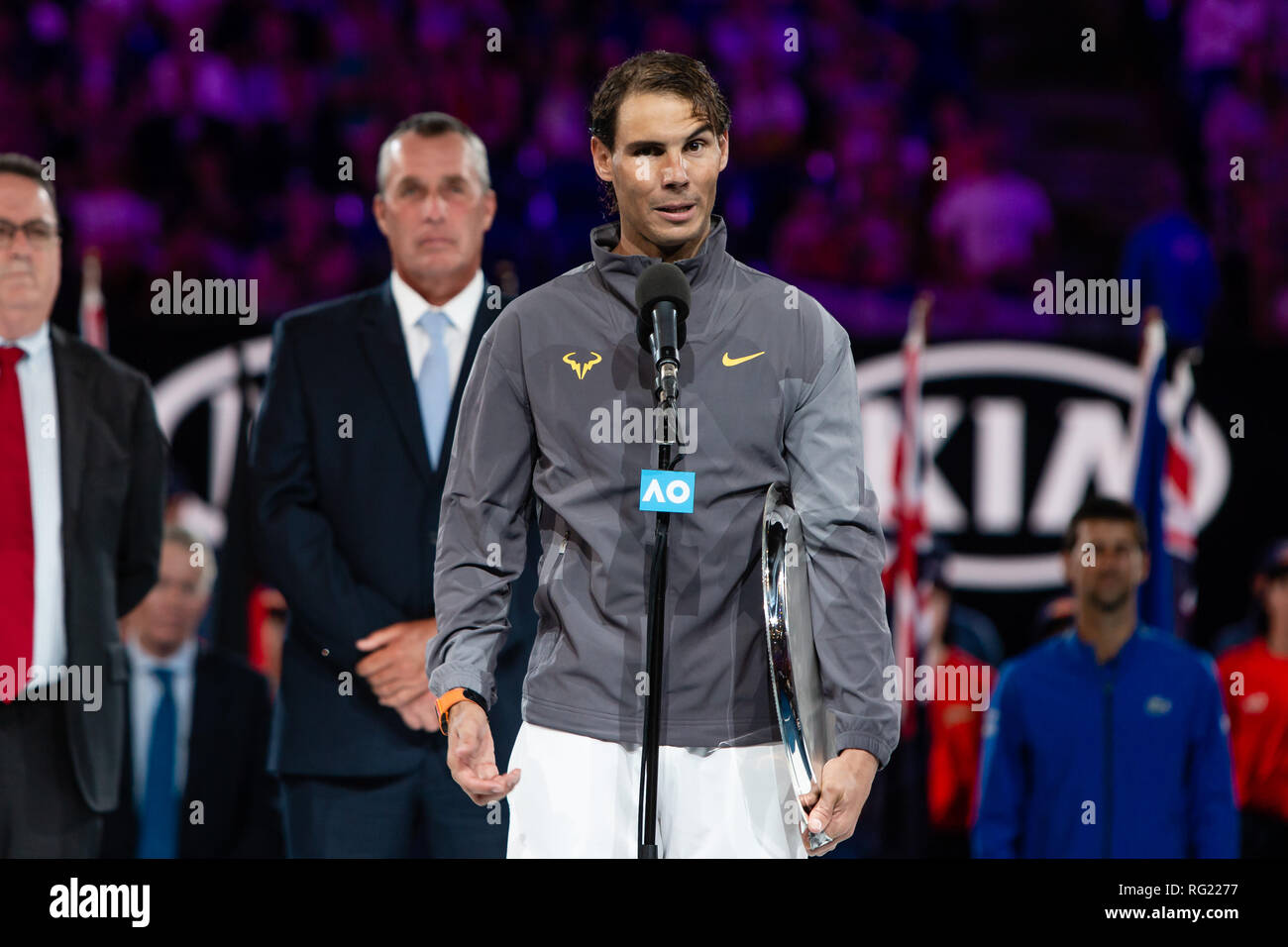 Melbourne, Australia. 27th Jan, 2019. Rafael Nadal from Spain speaks during the trophy prasentation at the 2019 Grand Slam tennis tournament in Melbourne, Australia. Frank Molter/Alamy Live news Stock Photo