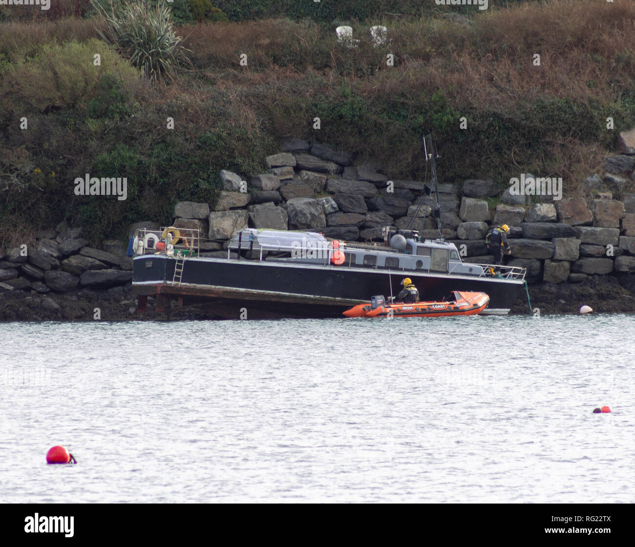 Last night’s high winds found the MV Sea Tracker aground on the rocks in Castlehaven Harbour this morning. The wooden hulled vessel was stuck fast on a falling tide, the Irish Coast Guard are in attendance and no casualties are reported. Credit: aphperspective/Alamy Live News Stock Photo