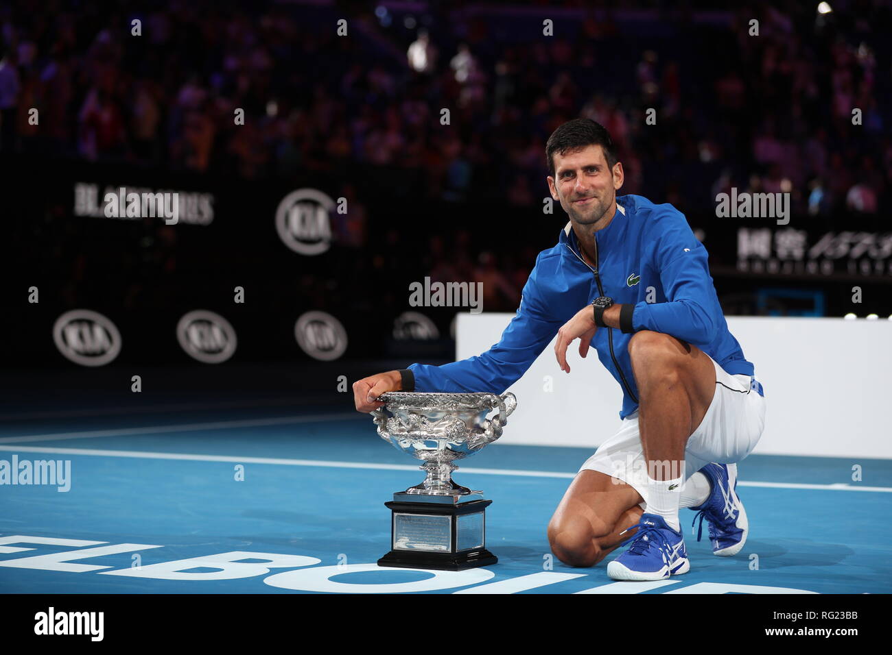 Melbourne, Australia. 27th Jan, 2019. Novak Djokovic of Serbia poses during  the trophy awarding ceremony after the men's singles final match against  Rafael Nadal of Spain at 2019 Australian Open in Melbourne,