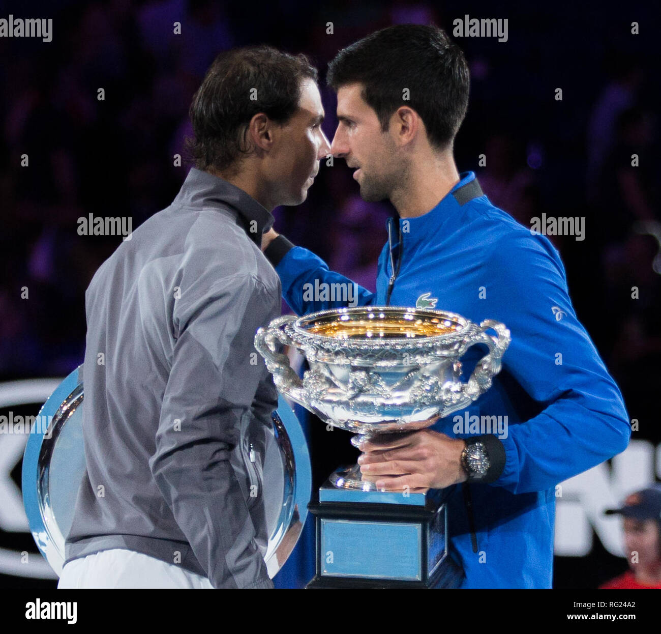 Melbourne, Australia. 27th Jan, 2019. Novak Djokovic (R) of Serbia and  Rafael Nadal of Spain react during the awarding ceremony after the men's  singles final match between Novak Djokovic of Serbia and