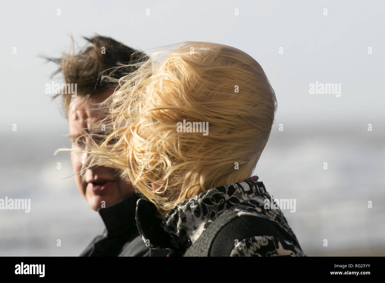 Blackpool, Lancashire. 27th Jan, 2019. UK Weather. Gale force winds at the coast. Visitors to the seaside town have to endure severe winds with pedestrians being blown over on the seafront promenade. Storm , blow, tempest, flyaway hair, tangled tresses, bad hair day on the seafront promenade. Credit:MediaWorldImages/AlamyLiveNews Stock Photo