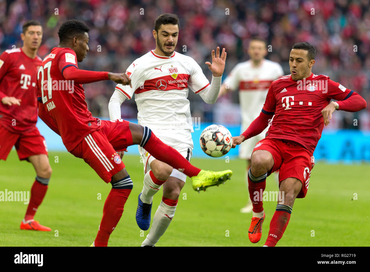 Munich, Germany. 27th Jan, 2019. Munich, Germany. 27th Jan, 2019.David  Alaba (FCB), Ozan Kabak (VfB Stuttgart) and Thiago (FCB) GES / Football /  1. Bundesliga: Bayern Munich - VfB Stuttgart, 27.01.2019 Football /