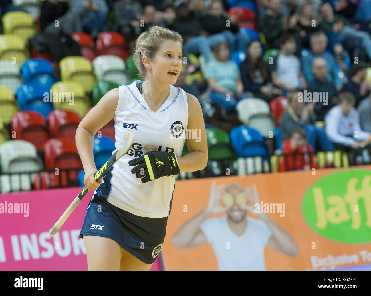 London, UK. 27th January 2019. Sophie Bray of East Grinstead  winners of the Womens Final  of the Jaffa Super 6s Finals 2019  at the Coppebox Arena. Trevor Holt / Alamy Credit: Trevor Holt/Alamy Live News Stock Photo