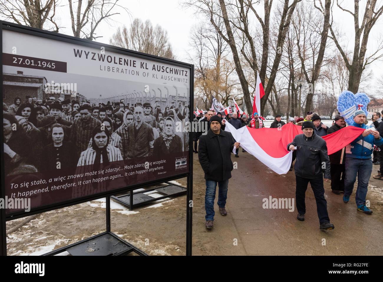 Oswiecim, Poland. 27th March, 2018. Holocaust Remembrance Day. Far right activists under the leadership of Piotr Rybak, earlier convicted for burning a figure of a Jew, organised march to the German Nazi Death Camp Auschwitz Birkenau supposedly to celebrate Polish victims of the death camp. Credit: Filip Radwanski/Alamy Live News Stock Photo