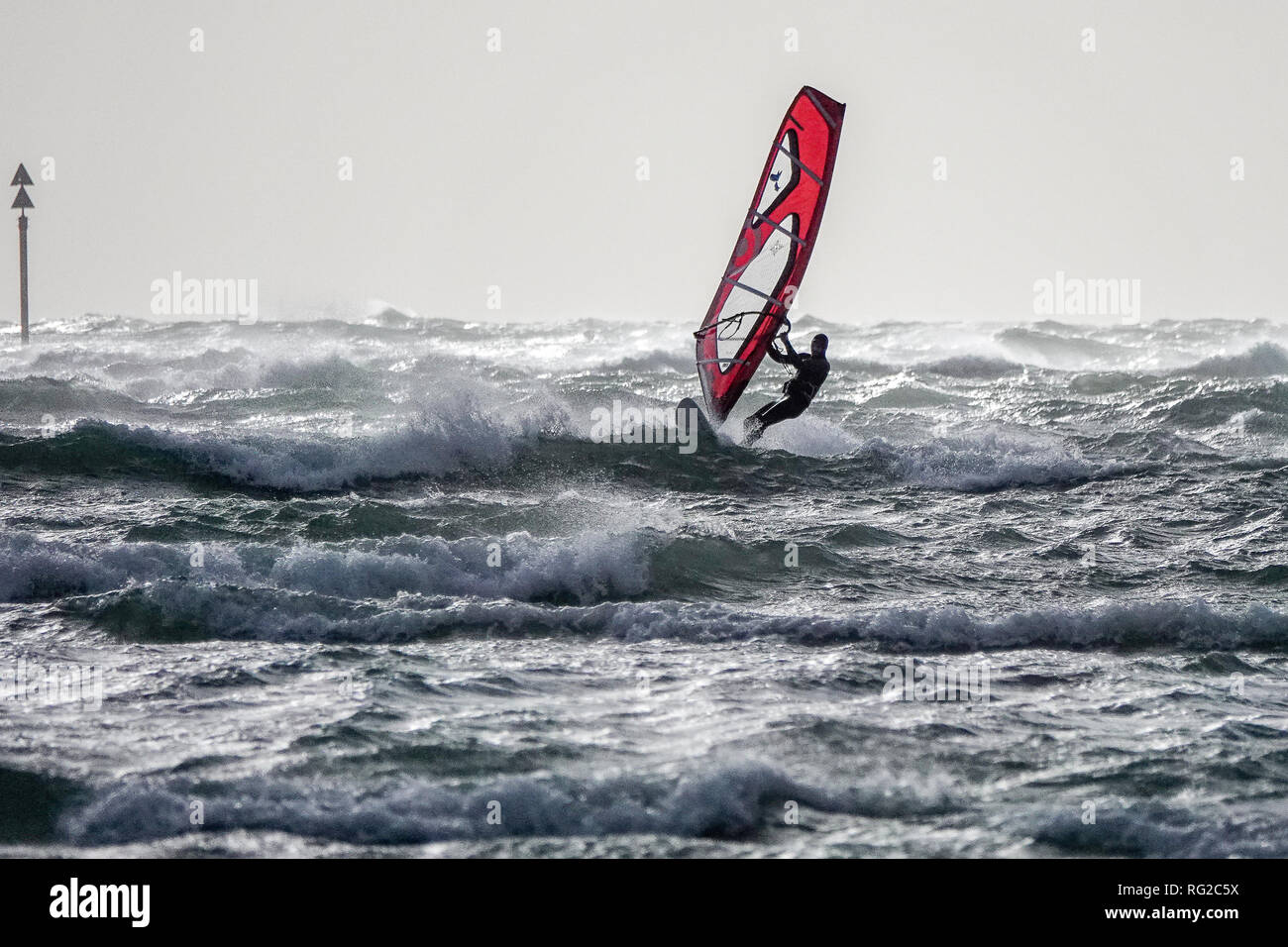West Strand, West Wittering, Sussex. 27th January 2019. Gale force