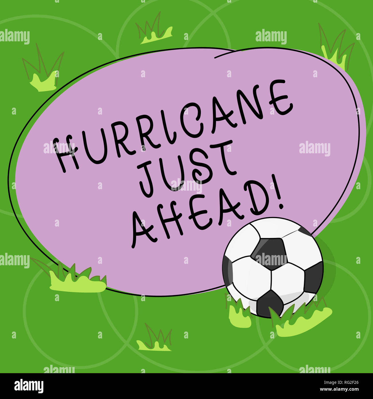 Word writing text Hurricane Just Ahead. Business concept for violent tropical cyclone is approaching to hit the land Soccer Ball on the Grass and Blan Stock Photo