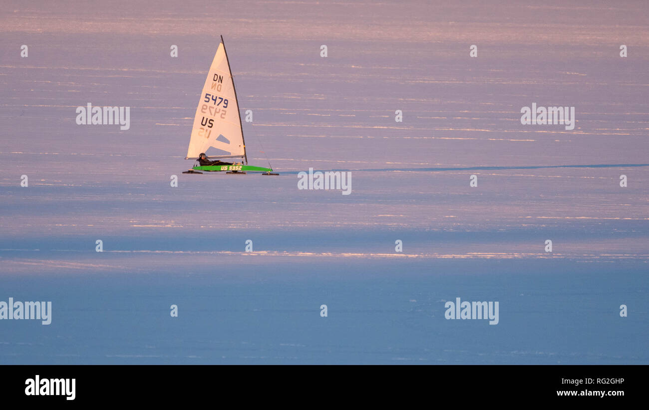 Ice Boat Sailing on Lake Pepin Between Minnesota and Wisconsin Stock Photo