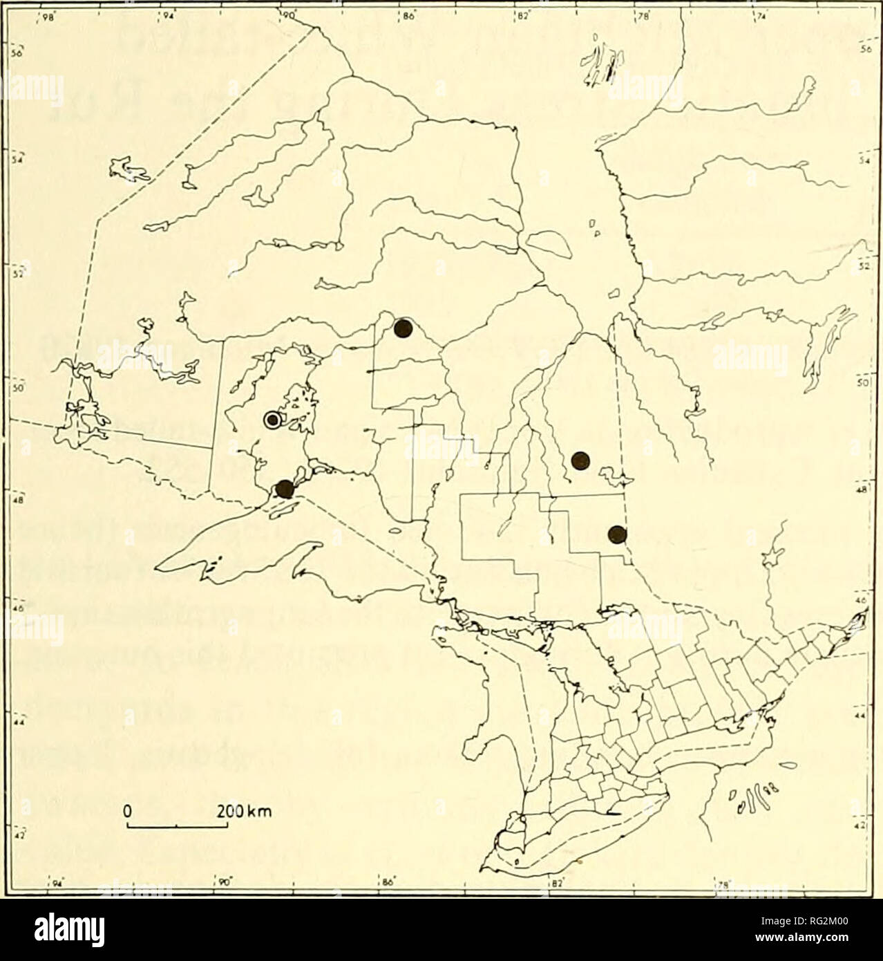 . The Canadian field-naturalist. 1988 Notes 549. Figure I. Distribution of Bog Adder's-mouth Orchid, Malaxis paludosa (L.) Sw.. in Ontario. • after Whiting and Catling (1986); (s) new station. The plants were found on peat moss {Sphagnum fuscum, S. magellanicum) mounds in a mature lowland mixed Picea mariana (Black Spruce)-Abies balsamea (Balsam Fir) forest. Both canopy and reproduction layers, consisting of fir, spruce and occasionally Eastern White Cedar (Thuja occidenta- lis), were somewhat discontinuous because of windfalls of shallowly rooted trees which created multiple gaps in the strat Stock Photo