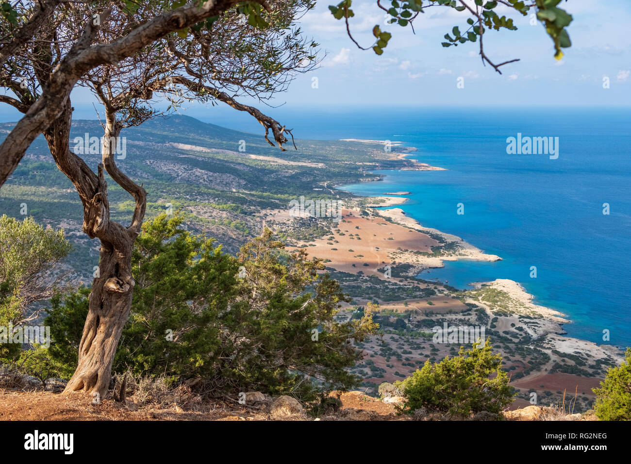 Aerial view of bays and the blue lagoon with turquoise water in the Mediterranean Sea as seen from Aphrodite hiking trail in Akamas peninsula, Cyprus Stock Photo