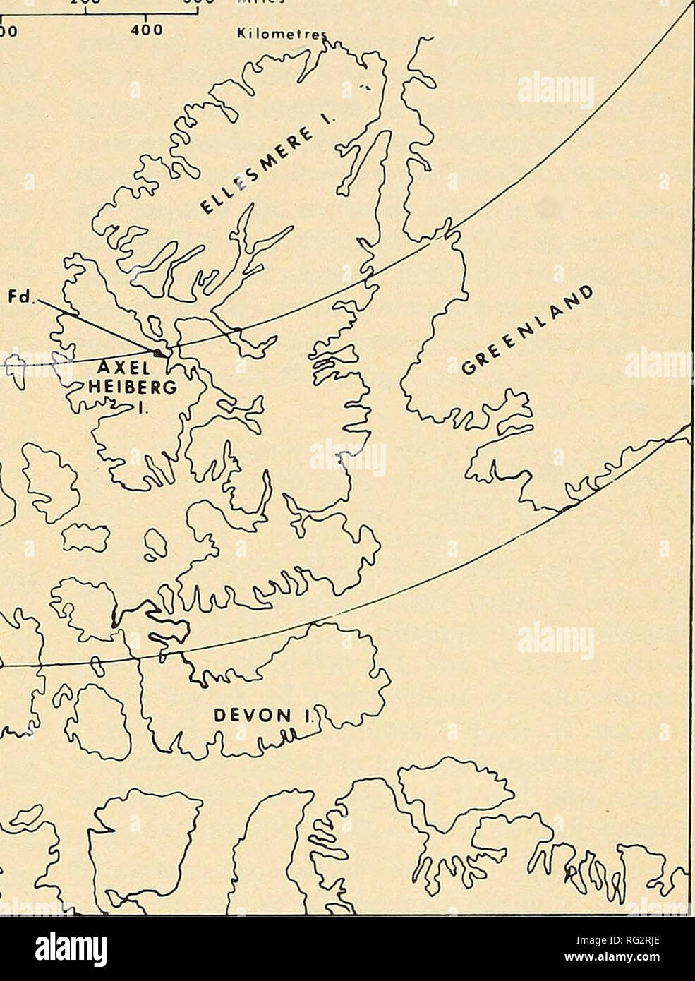 . The Canadian field-naturalist. . Figure 1. The location of Mokka Fiord, Axel Heiberg Island, Northwest Territories. scattered mats of Salix arctica. Occasional forbs include Papaver radicatum, Oxyria digyna, Saxifraga oppositifolia, and Dryas integrifolia. Lichens are common but not abundant, the dominant species being Cetraria nivalis, C. cucullata, Thamnolia vermicularis, and Parmelia spp. The mountains of Axel Heiberg Island and eastern EUesmere Island present a barrier to moist air from the south. This topographical peculiarity contributes to less cloud cover and higher temperatures in s Stock Photo